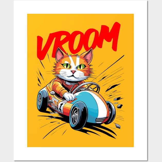 cute cat in racing car Wall Art by Kingrocker Clothing